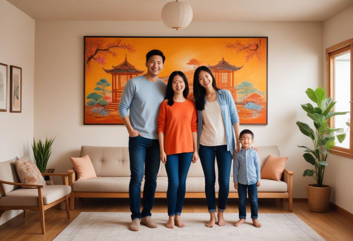 Hình ảnh gia đình trẻ hạnh phúc bên tranh treo tường phong thủy trong ngôi nhà mới